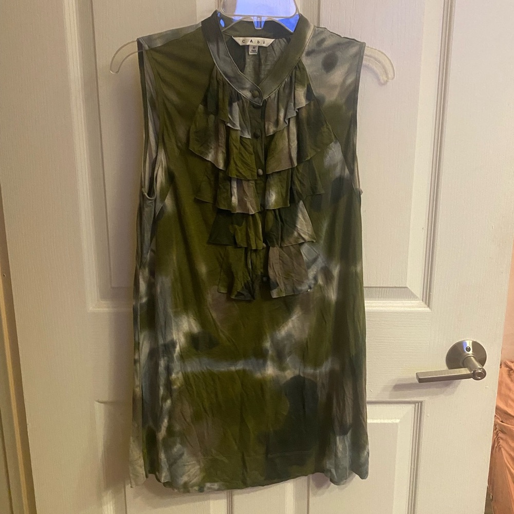 CAbi army print ruffled yoke sleeveless tee
